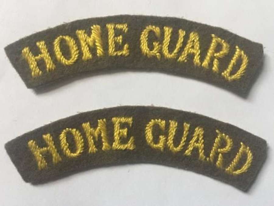 Original WW2 Embroidered Home Guard Shoulder titles - Yellow on khaki