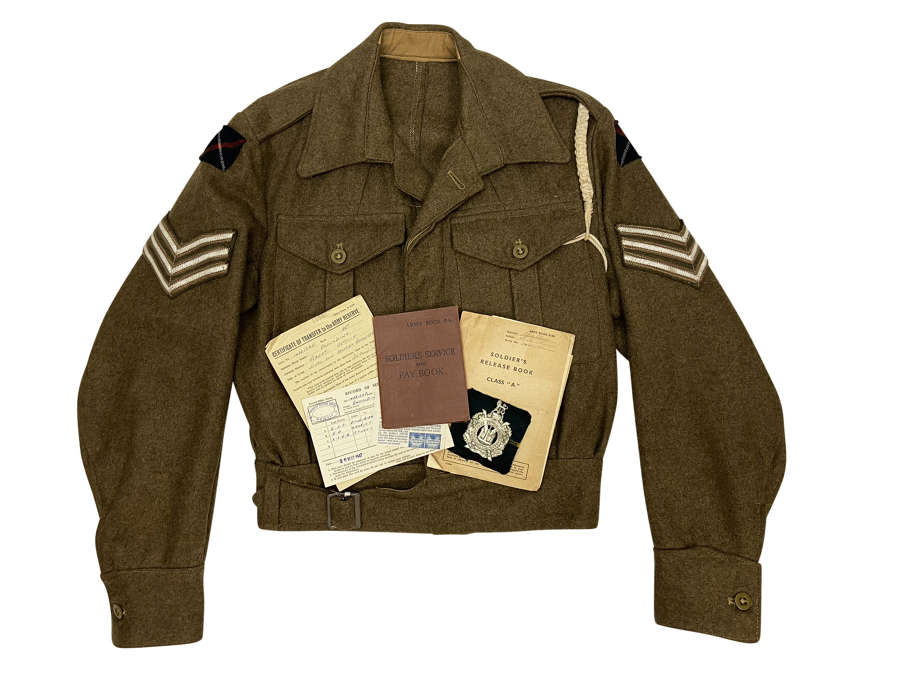 Attributed Battledress Blouse + Paperwork to a Sgt of the KOSB