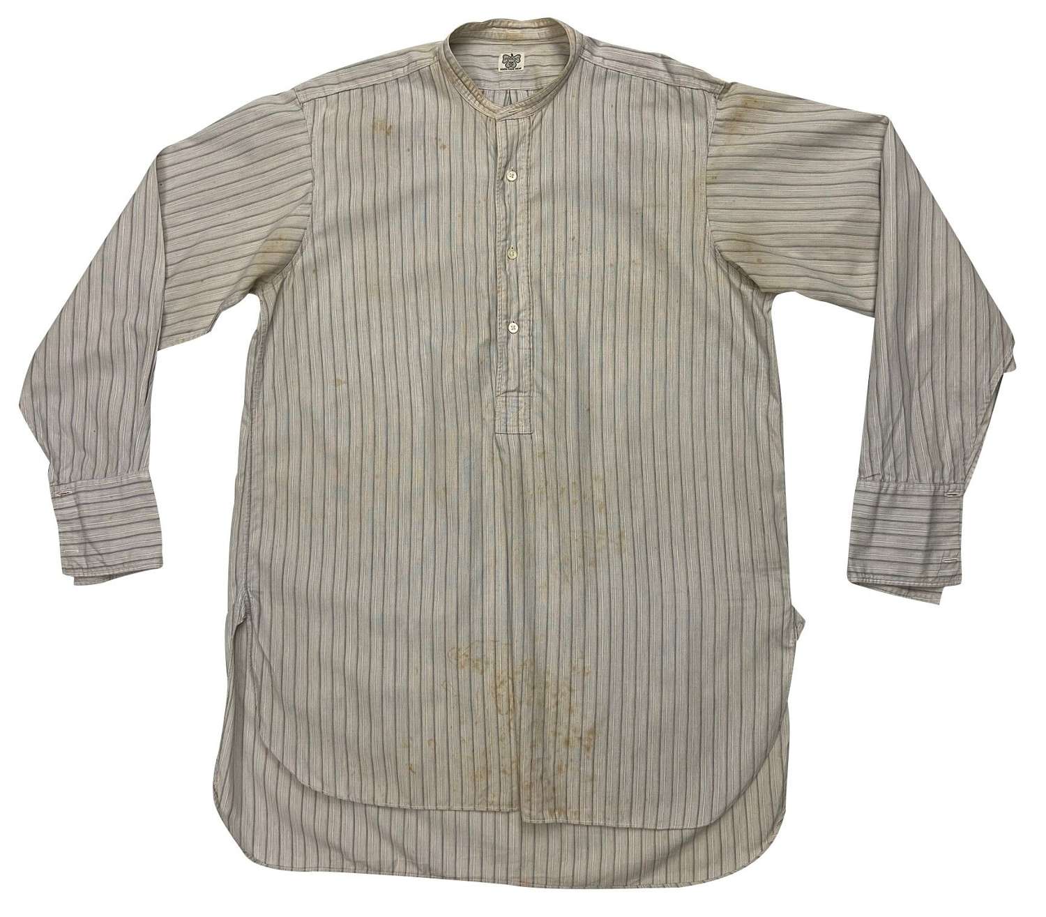 Original 1930s Blue Poplin Cotton Striped Collarless Shirt by 'Zodiac'