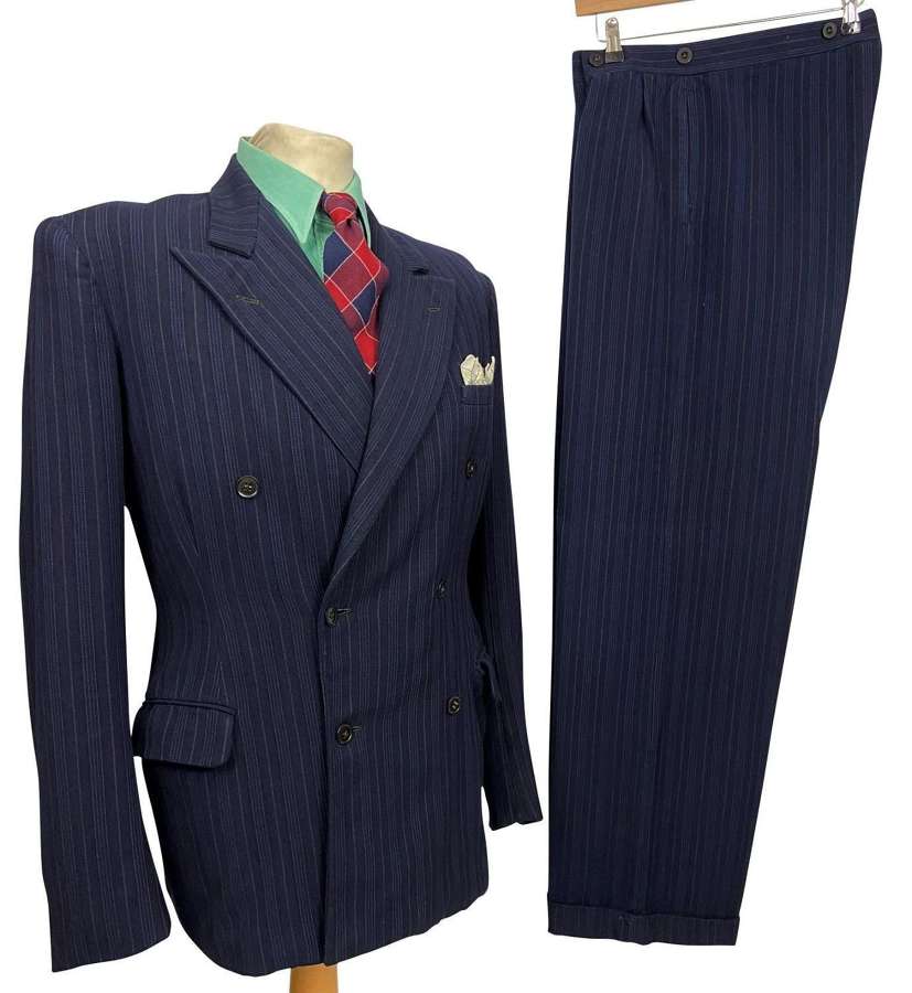 Original 1940s CC41 Blue Pinstripe Double Breasted Men's Suit - 42