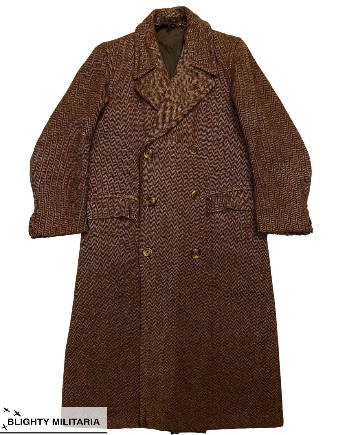 Original 1940s Herringbone Stripe Men's Wool Overcoat - Distressed