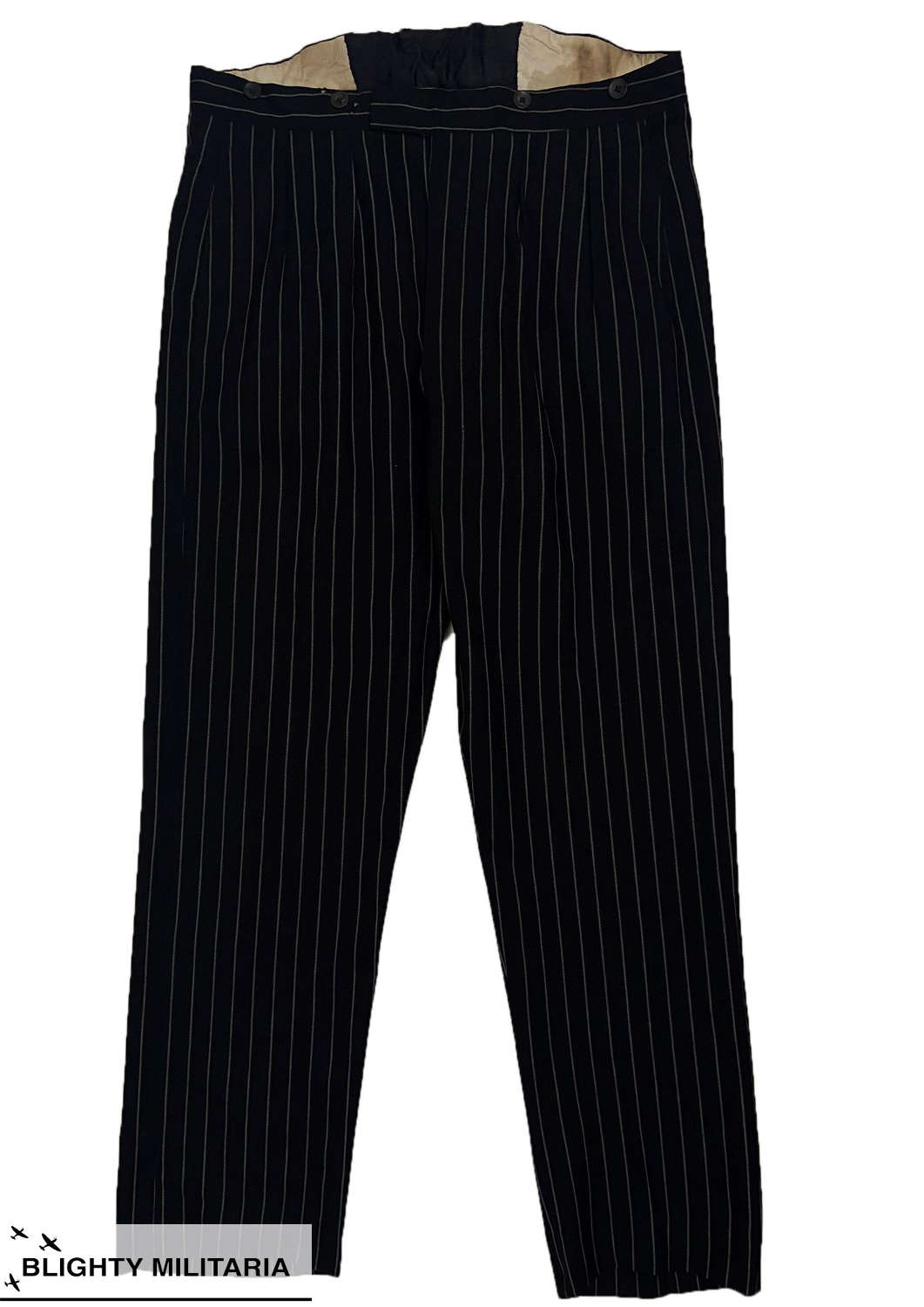 Original 1940s Men's Black with White Chalk Stripe Wool Trousers