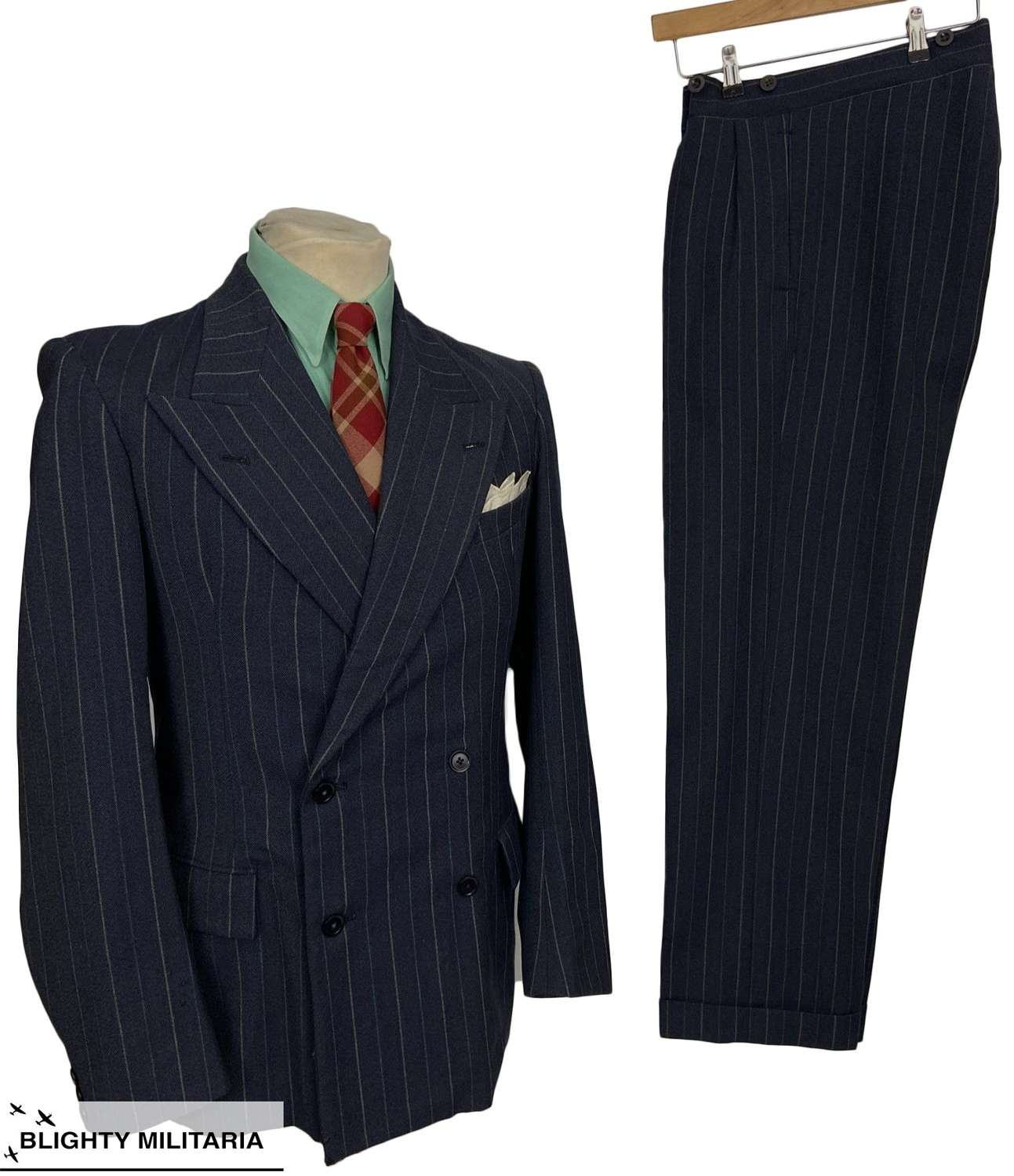 Original 1940s Men's Two Piece Blue Pinstripe Suit - Size 36