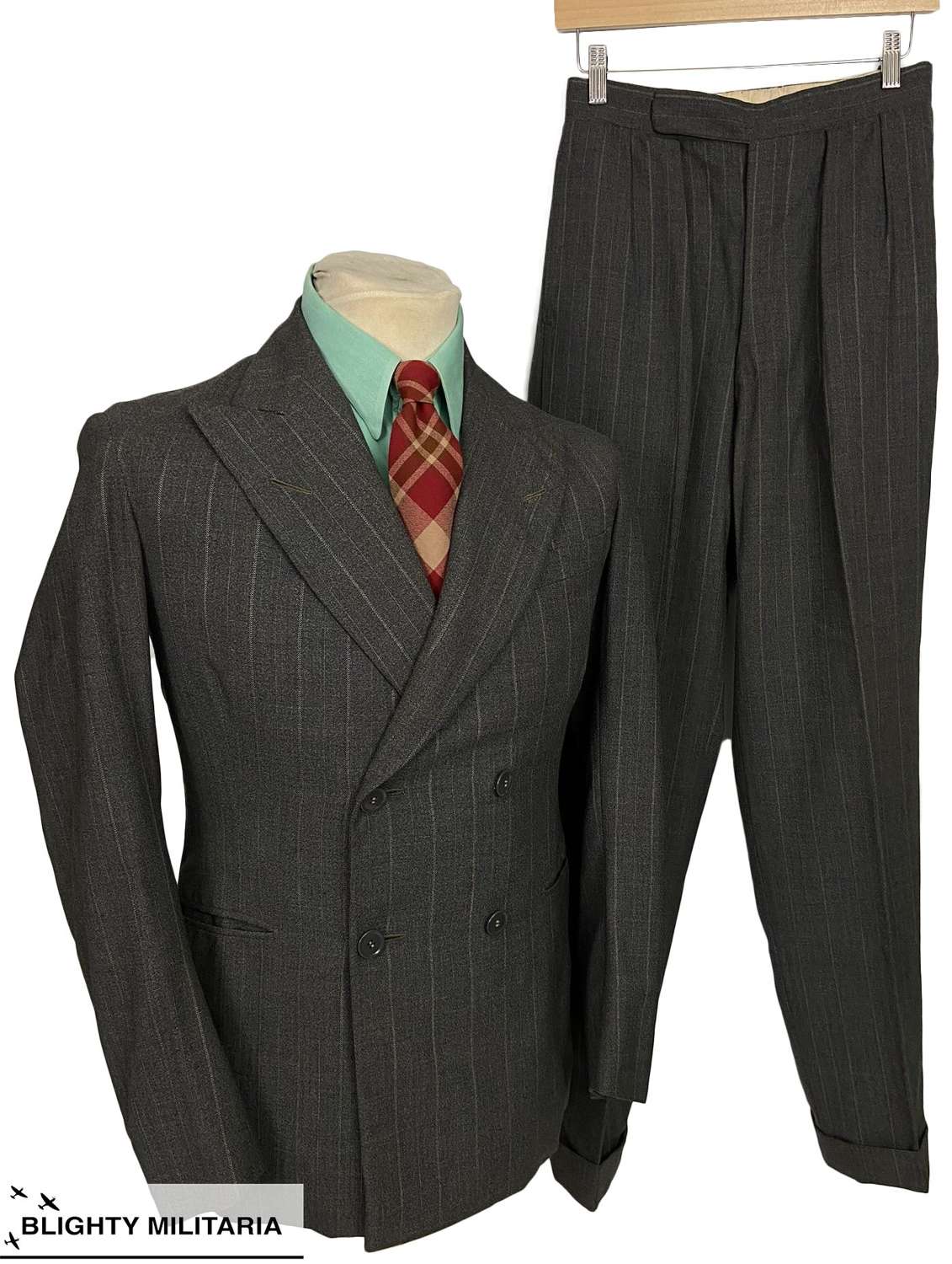 Original 1940 Dated British Grey Pinstripe Three Piece Suit - Size 36