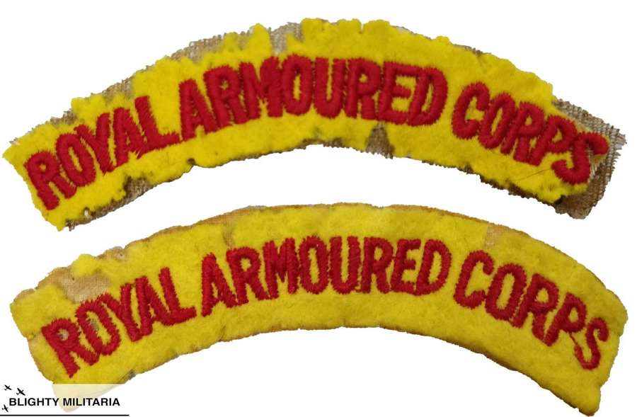 Pair of Original WW2 Royal Armoured Corps Embroidered Shoulder Titles